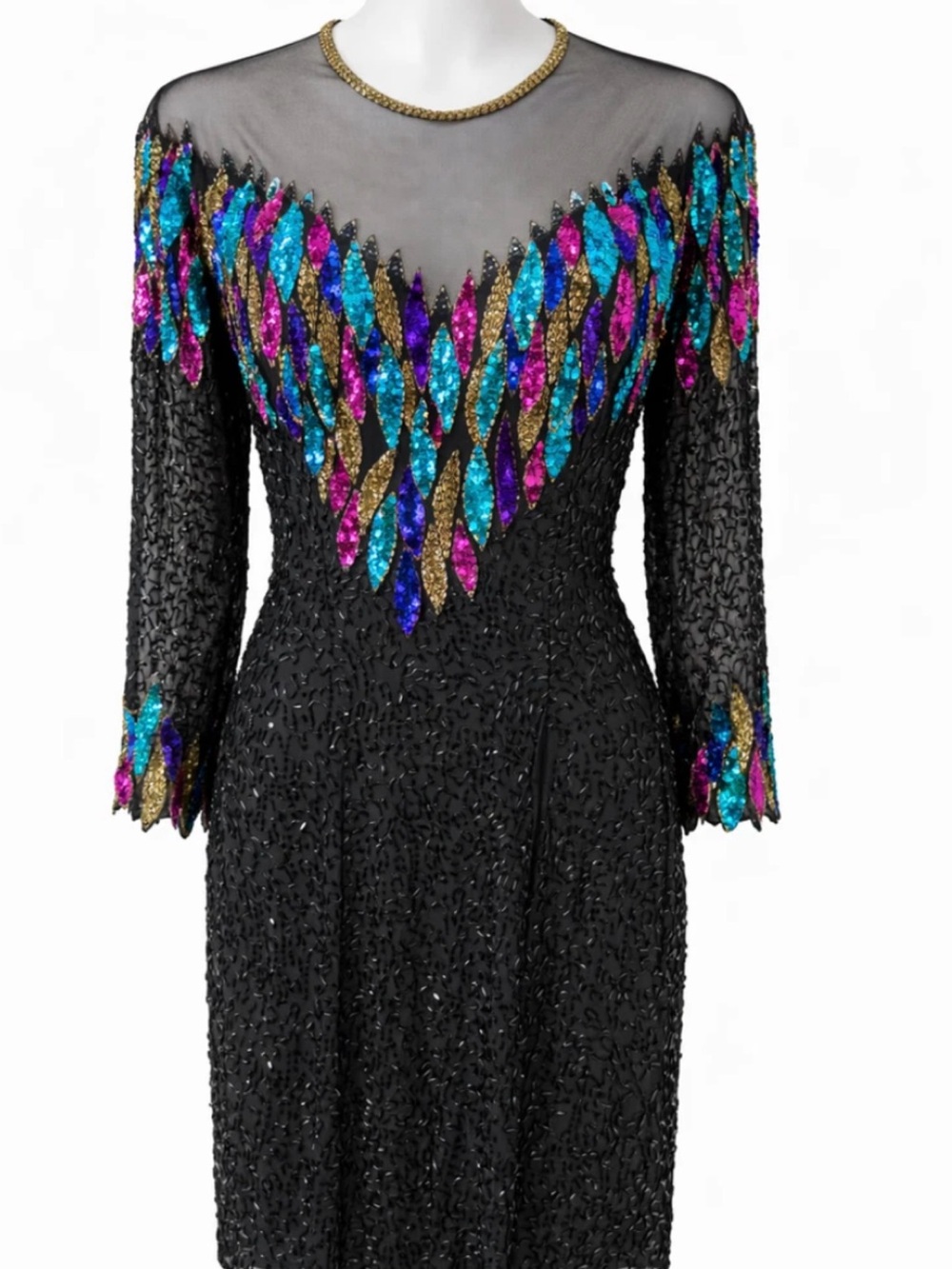 Vintage Erica Louis Beaded Evening Dress with Multicolor Leaf Embellishment